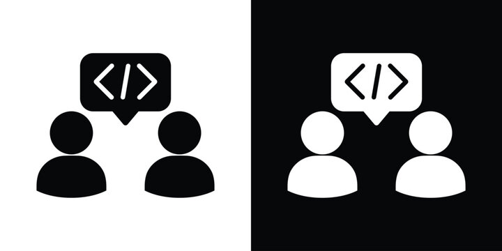 Two people talking about coding icon. Software developers discussion or programming forum vector illustration isolated on black and white.