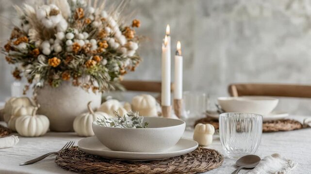 Elegant autumn table setting with neutral tones and rustic decor, featuring candles, dried flowers, and mini pumpkins. Cozy atmosphere perfect for seasonal gatherings and festive dinners