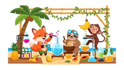 Tropical Lab Adventure: A whimsical scene of a fox, sloth, and monkey conducting a colorful experiment in a beachside laboratory, surrounded by tropical fruits and plants. © Rahimatul
