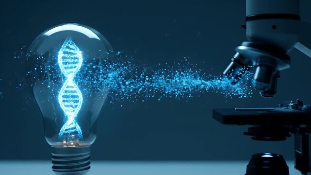 DNA helix in light bulb concept with particles flowing to a microscope in laboratory