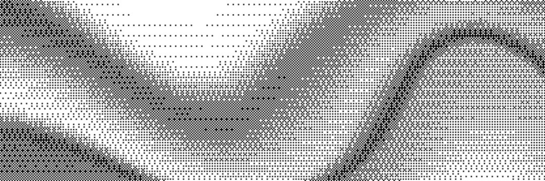 Pixelated bitmap gradient texture. Black and white dither pattern background. Abstract glitchy pattern. 8 bit video game screen wallpaper. Border Wide. Pixel art retro Illustration. Vector