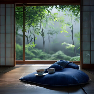 Traditional Japanese Zabuton Floor Cushion on WoodenEngawa Veranda with Shoji creen and Bamboo Garden