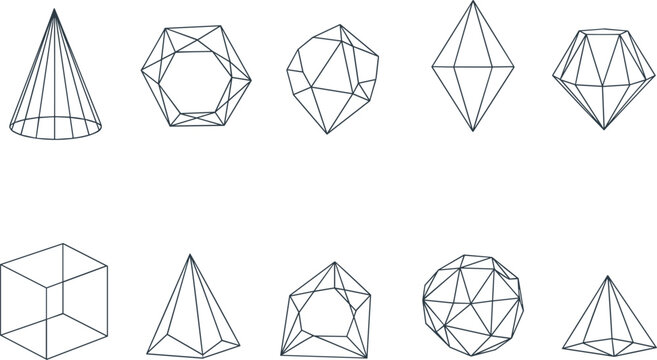 Geometric 3D Wireframe Shape Icon Set with Low Poly Linear Cone Cube Prism Sphere and Crystal Gems for Math Science Abstract Graphic Vector Design