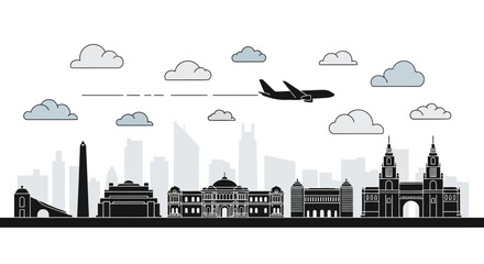 Naklejka premium Minimalist Melbourne City Skyline Silhouette with Airplane Travel Concept