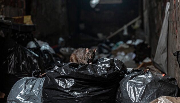 A stray cat sits on black trash bags in a dark alleyway surrounded by garbage.