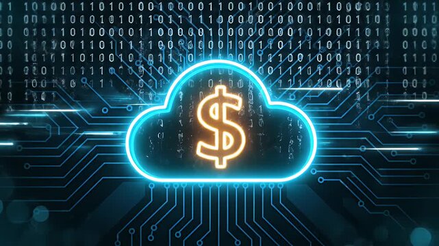 Cloud computing finance concept with a dollar sign icon on digital circuit background