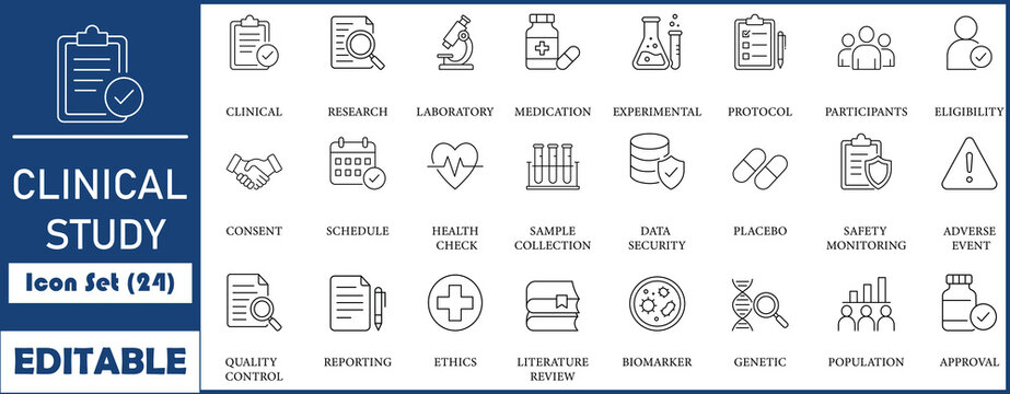Clinical study icon set collection. an icon pack contain trial, patient, placebo, control, protocol, data, dosage, group, phase, result