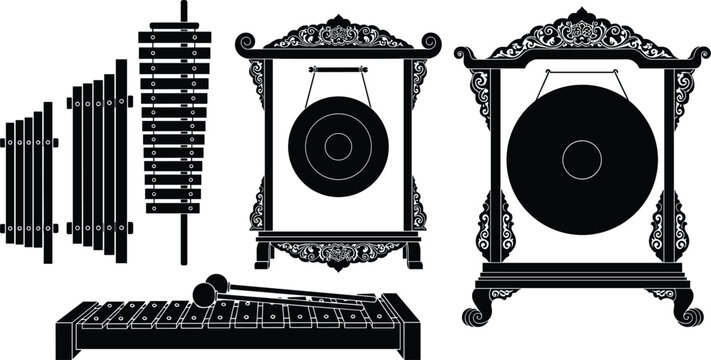 Traditional Indonesian Gamelan Musical Instruments Silhouette Icon Set with Ornate Hanging Gongs and Percussion Xylophone Metallophone for Southeast Asian Cultural Heritage Vector Design
