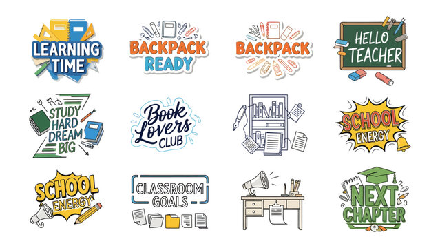 Collection of School-Related Illustrations: A vibrant set of graphic elements for education, featuring motivational phrases and classroom imagery, perfect for school projects and learning resources.