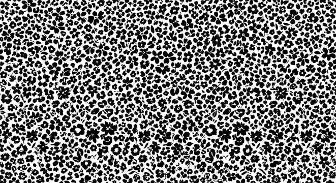 Seamless black and white ditsy floral pattern with small hand-drawn flowers
