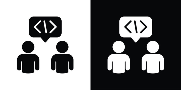 Two people talking about coding icon. Software developers discussion or programming forum vector illustration isolated on black and white.