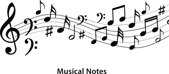 Musical Notes and Clef Symbols on Wavy Staff Line Vector Illustration for Melody Concert Song Festival Audio Education and Artistic Sound Wave Design © Md