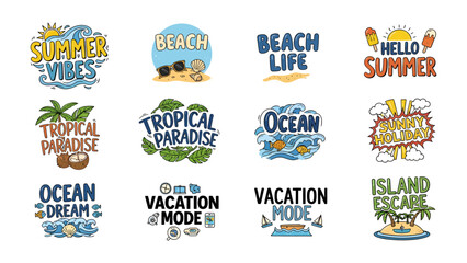 Summer Holiday Vibes Collection: A vibrant collection of graphic design elements featuring summer and beach themes, including text, icons. © Rokaiya