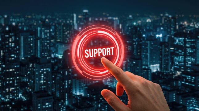 Hand clicking red support button with cityscape background at night