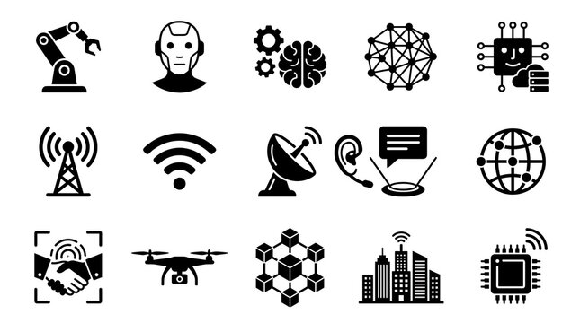 Digital transformation icons feature advanced robotics, artificial intelligence, and smart communication systems for a connected world.