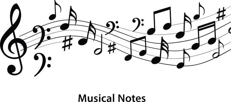 Musical Notes and Clef Symbols on Wavy Staff Line Vector Illustration for Melody Concert Song Festival Audio Education and Artistic Sound Wave Design