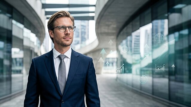 Confident businessman looking to the future in a modern urban environment with upward trending graphs suggesting growth and success