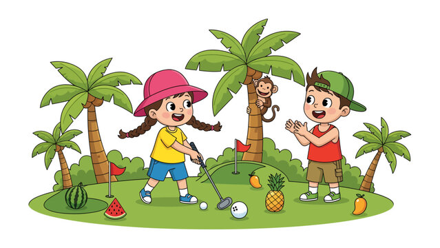 Kids Play Golf on Tropical Island: Two happy children are playing golf on a tropical island surrounded by palm trees, a monkey in a tree, and fruits like pineapple and watermelon.