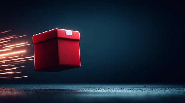 Red Gift Box Flying Fast for Express Delivery Service with Ecommerce Logistics and Quick Shipping Concepts