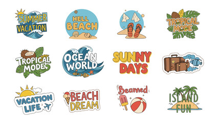Summer Beach Vacation Stickers: A vibrant collection of graphic stickers depicting summer vacation themes, including beach, ocean, sun, and tropical elements. © Rokaiya