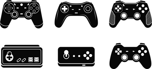 Video Game Controller and Gamepad Silhouette Icon Set with Modern and Retro Console Joypad Symbols for Gaming Entertainment Website App and Graphic Vector Design © Md