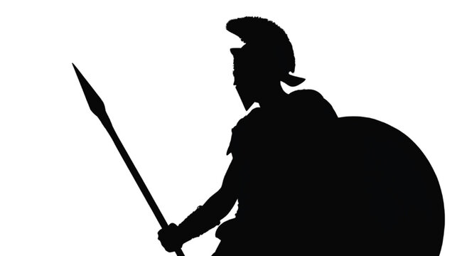 Silhouette of ancient greek warrior with spear and shield on transparent background