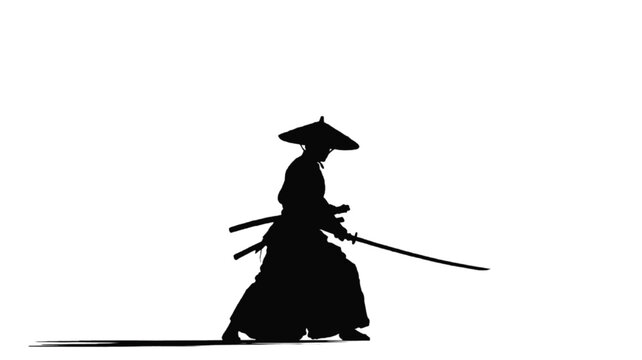Samurai warrior standing in a focused martial arts stance against a crisp white background features a sharp black silhouette, conical straw hat, and a drawn katana sword held ready for combat action.