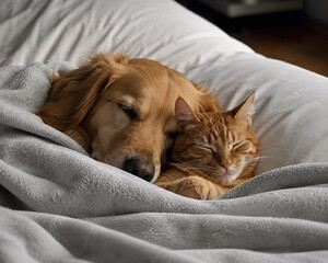 Obraz premium Golden Retriever and Ginger Cat Sleeping Cozy Together Under a Blanket