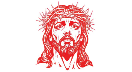 Obraz premium Jesus Christ Face with Crown of Thorns, Red Illustration