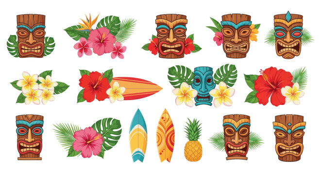 Hawaiian Tiki Masks, Surfboards, Pineapple and Tropical Flowers Collection