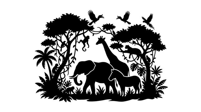 African savanna animal silhouettes against a white background