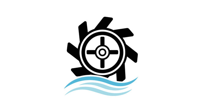 Abstract illustration of a water wheel and stylized waves white background