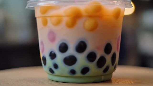 Refreshing milk tea with colorful tapioca pearls in a clear plastic cup, a popular beverage enjoyed worldwide
