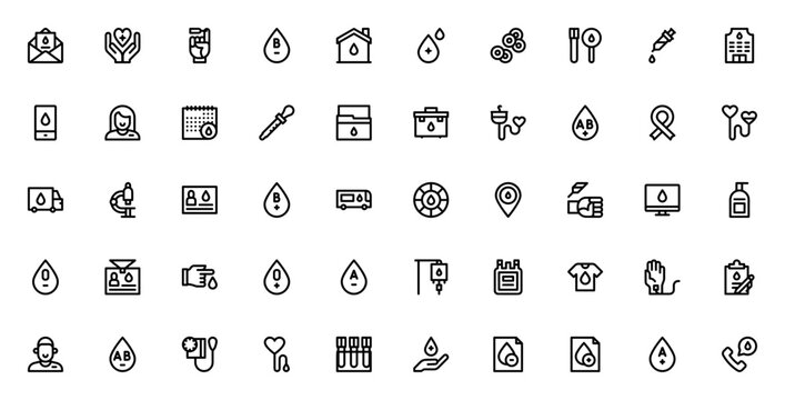 Blood donation icon set. Medical icon pack. Minimal vector icons. Featuring blood drop, blood type, blood test, transfusion, hospital, ambulance, nurse, donor card, first aid, and more. Editable strok
