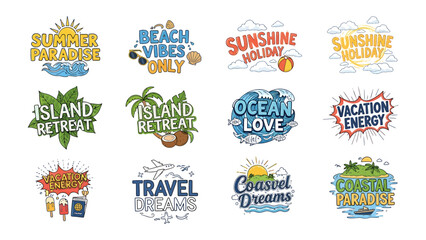 Summer Vacation Icons: A collection of vibrant, stylized graphic icons representing various summer vacation themes like beach, island retreat, ocean, travel, and sunshine holidays. © Rahimatul