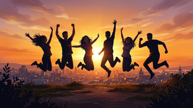 A group of happy young friends joyfully leaping into the air against a breathtaking sunset city backdrop