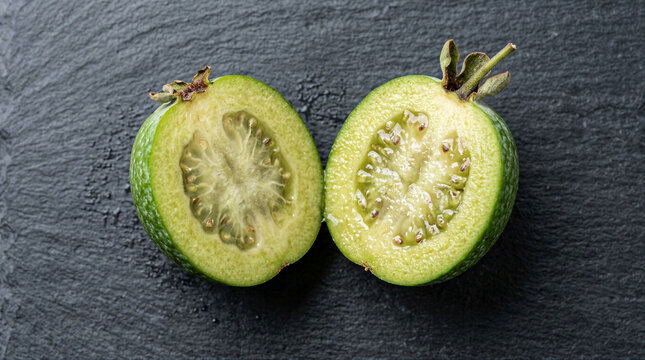 Halved fresh green feijoa fruit showing seeds and pulp on dark textured stone background top view