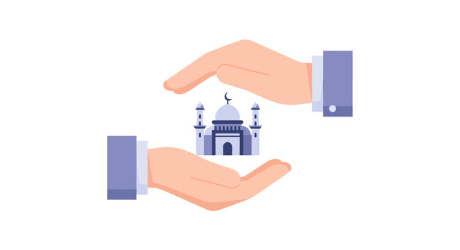 Hands shielding a mosque during muharram event in a peaceful environment with people around it closely.