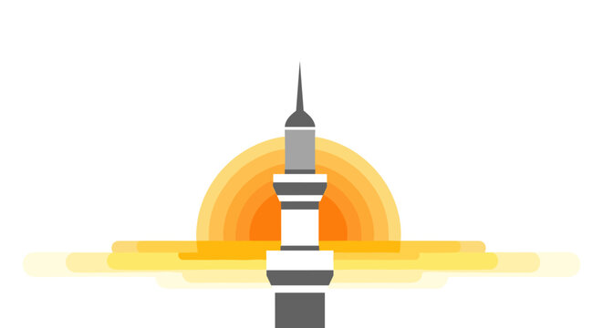 Illustration of a minaret tower standing tall during muharram celebrations at sunset with vibrant colors and serene landscape in a desert environment.