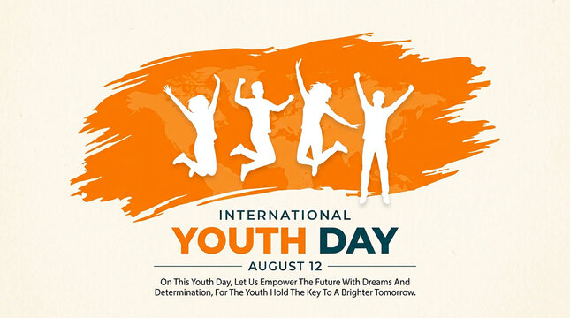 Graphic design celebrating International Youth Day with jumping figures against an orange brushstroke