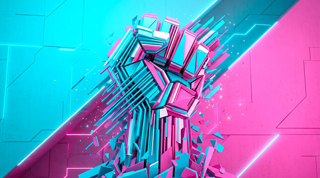 A vibrant digital sculpture of a human fist made of fragmented neon geometric shards