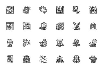 Circus icon set. Minimal line vector icons. Featuring spotlight, balloon, elephant, clown, circus tent, magician, unicycle, carnival, performer, monkey, fairground and more. © wang