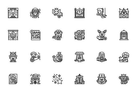 Circus icon set. Minimal line vector icons. Featuring spotlight, balloon, elephant, clown, circus tent, magician, unicycle, carnival, performer, monkey, fairground and more.