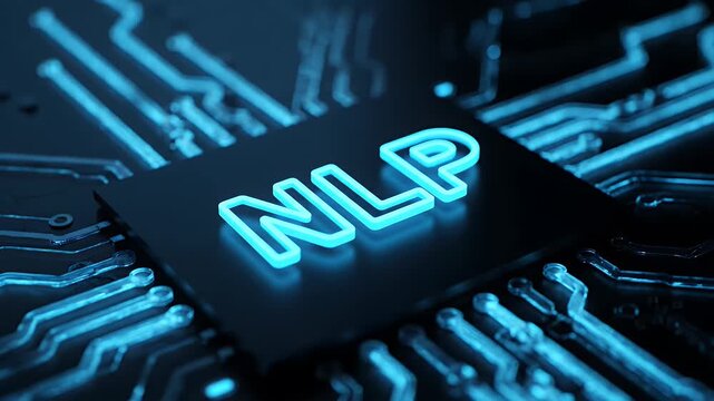 nlp natural language processing concept with glowing blue text on a microchip board.
