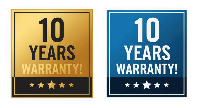 Ten years warranty gold and blue badge label sign set isolated on transparent background