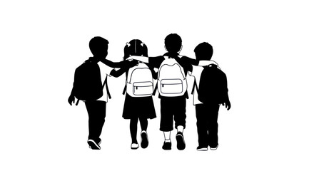 Children friends walking together with backpacks, silhouette, back to school concept © Anggrek