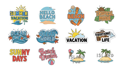 Collection of Summer Vacation Themed Graphics: A vibrant collection of twelve unique graphic elements featuring summery themes like Summer Vacation, Hello Beach, Beach Life, Tropical Mode. © Rokaiya