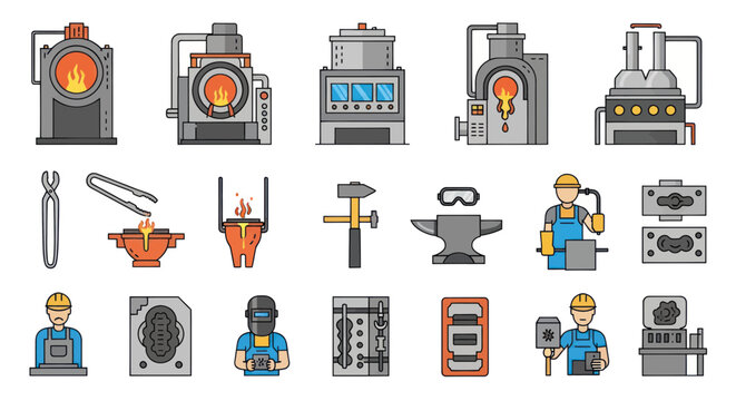 Blacksmithing Tools and Equipment Icons: Forge, Anvil, Hammer, Tongs, Foundry