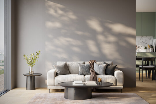 Modern living room interior with large wall copy space, soft daylight, sofa and minimalist decor, ideal for home design and real estate marketing. 3d render