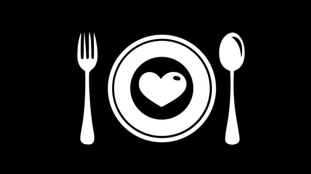 food plate with heart and cutlery icon on green screen background, restaurant meal service cloche and utensils chroma key animation, dining love food icon motion graphic with green screen backdrop